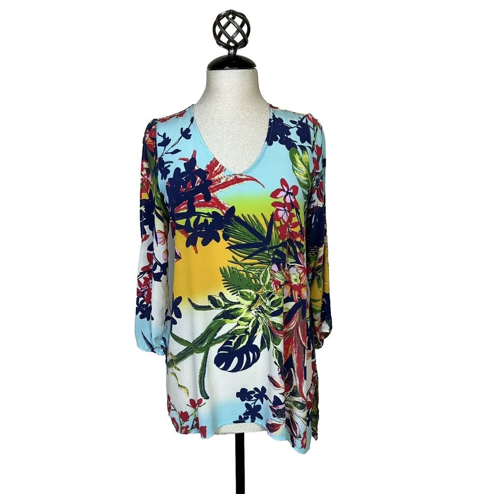 John Mark SILK Blue Artsy Tropical Floral Boho Blouse Tunic Cold Shoulder Size S
